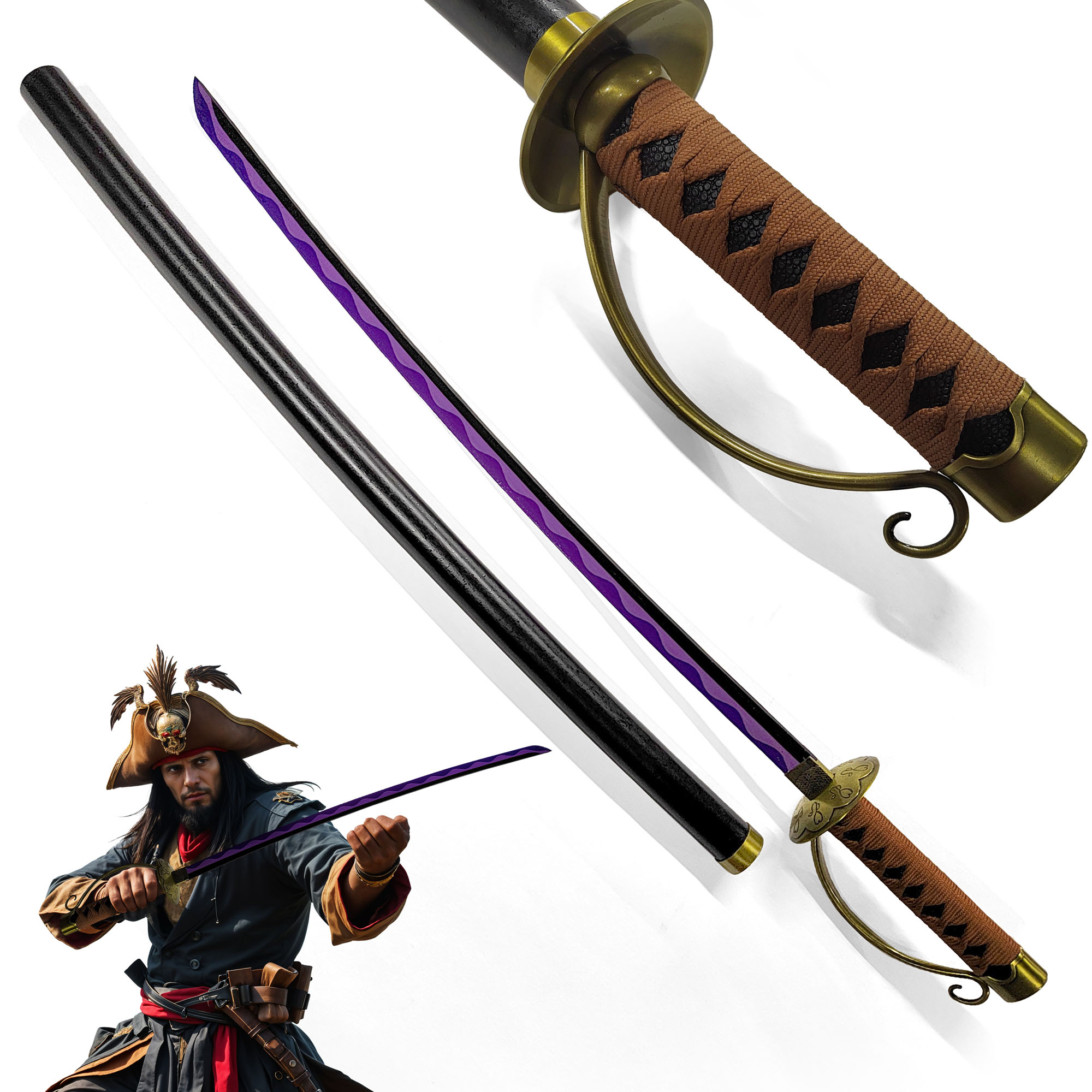 One Piece - Gol D Roger - Ace Schwert mit Scheide (Goldener Griff), Handgechmiedet